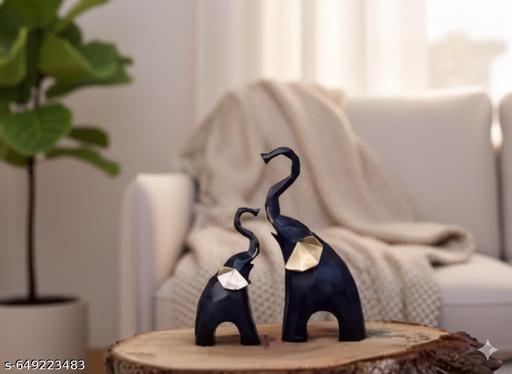 Decorative Elephant Showpiece Set of 2 Resin Statue White & Gold Finish