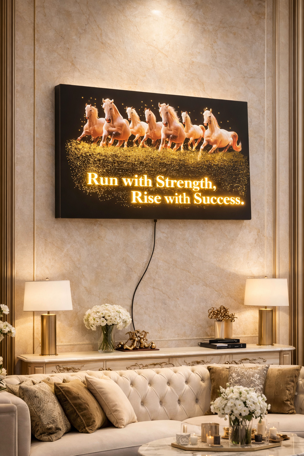 7 Running Horses LED Wall Frame 12x18 Inch Acrylic Premium Print with Warm Light