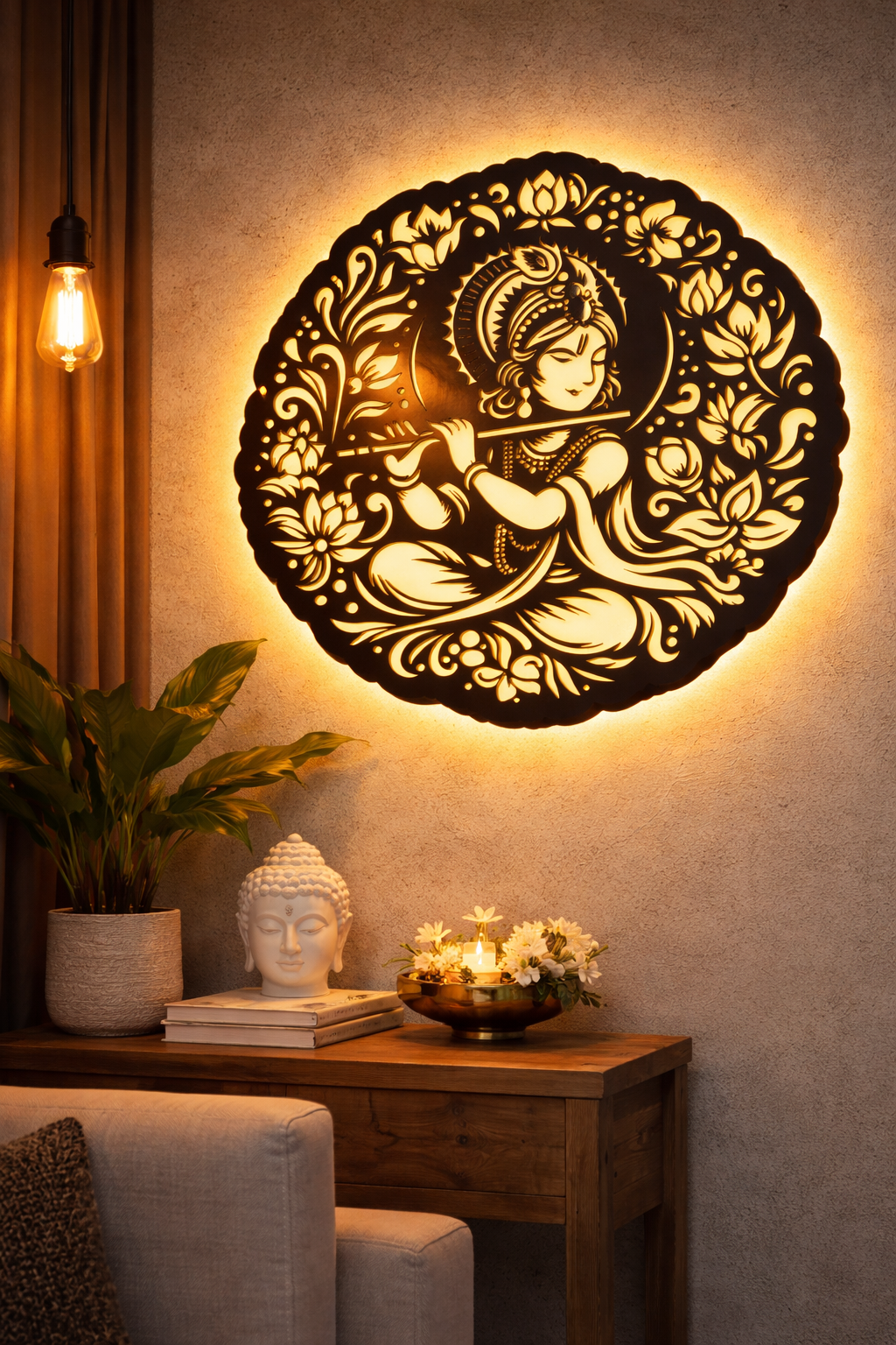 Lord Krishna LED Wall Art 18x18 Inch | MDF Wooden Acrylic Wall Decor with Warm LED Light