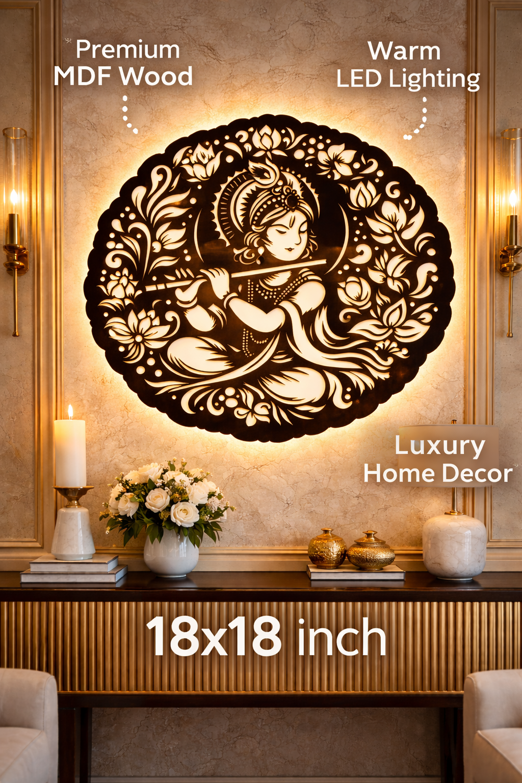Lord Krishna LED Wall Art 18x18 Inch | MDF Wooden Acrylic Wall Decor with Warm LED Light