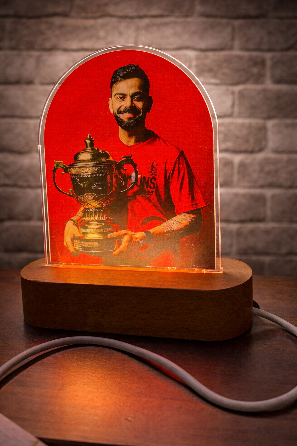 Virat Kohli Acrylic LED Lamp with UV Print | 8 Inch Wooden Base Night Light | Modern Decorative Table Lamp | USB Powered Gift Item