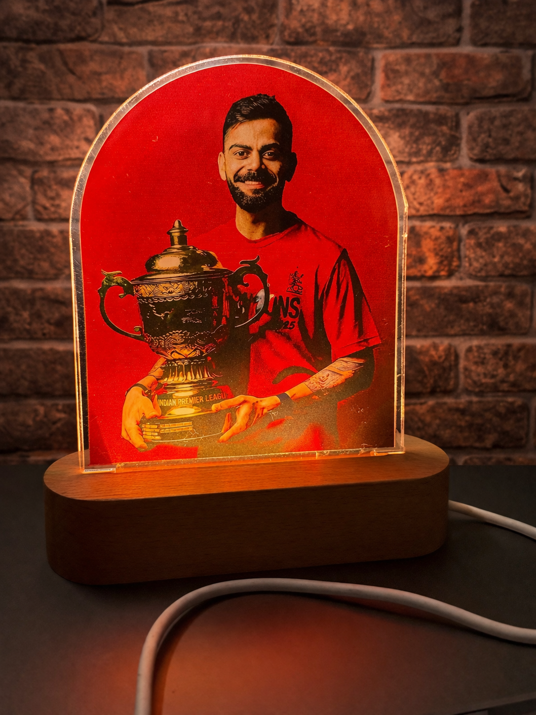 Virat Kohli Acrylic LED Lamp with UV Print | 8 Inch Wooden Base Night Light | Modern Decorative Table Lamp | USB Powered Gift Item