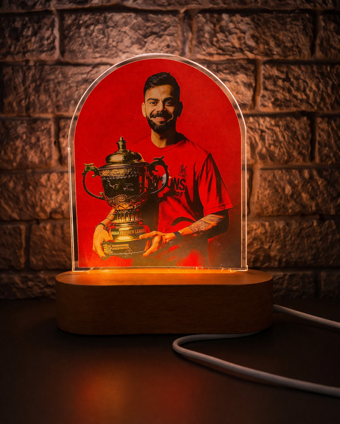 Virat Kohli Acrylic LED Lamp with UV Print | 8 Inch Wooden Base Night Light | Modern Decorative Table Lamp | USB Powered Gift Item