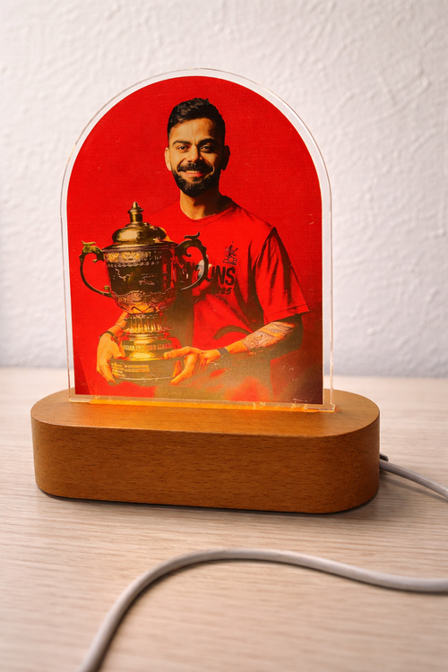Virat Kohli Acrylic LED Lamp with UV Print | 8 Inch Wooden Base Night Light | Modern Decorative Table Lamp | USB Powered Gift Item