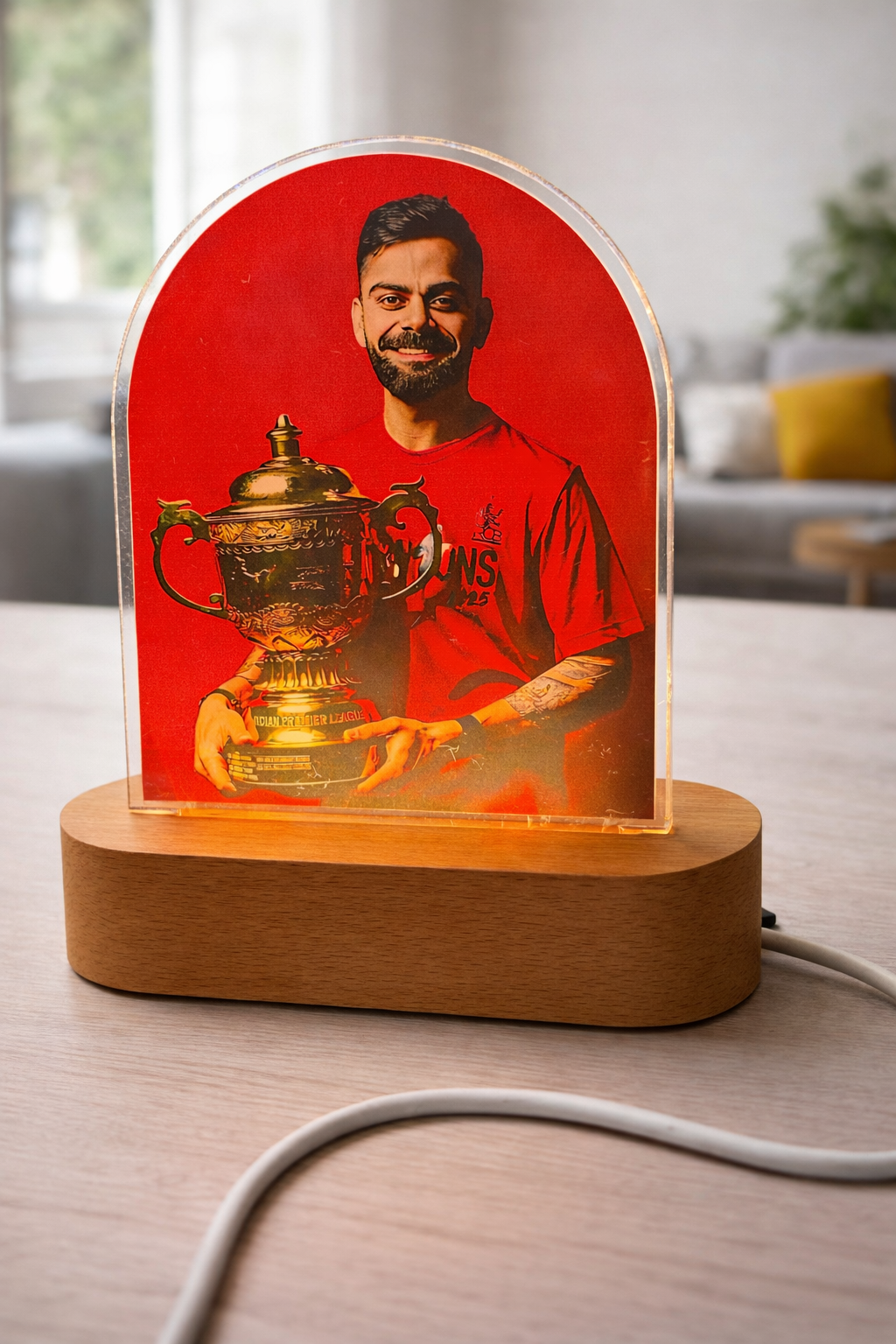 Virat Kohli Acrylic LED Lamp with UV Print | 8 Inch Wooden Base Night Light | Modern Decorative Table Lamp | USB Powered Gift Item