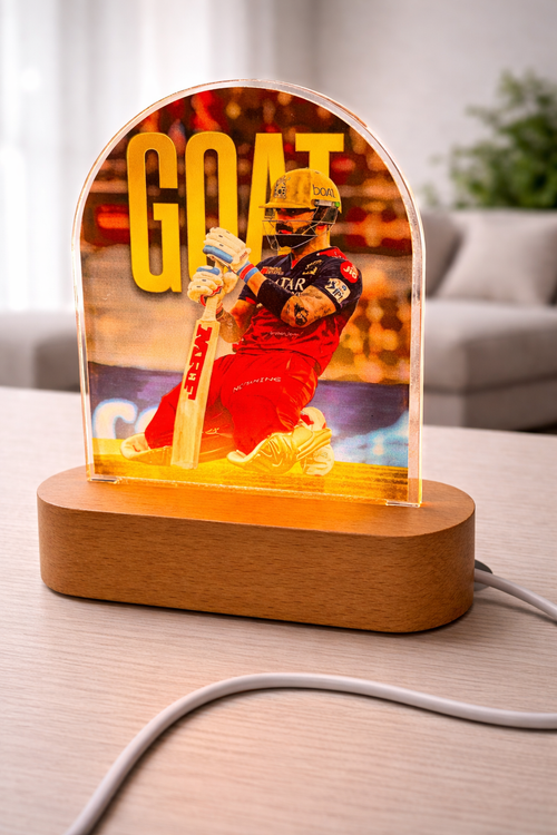 Virat Kohli Acrylic LED Night Lamp with Wooden Base | 8 Inch UV Printed Decorative Light | USB Powered Table Lamp | Modern Desk & Gift Item