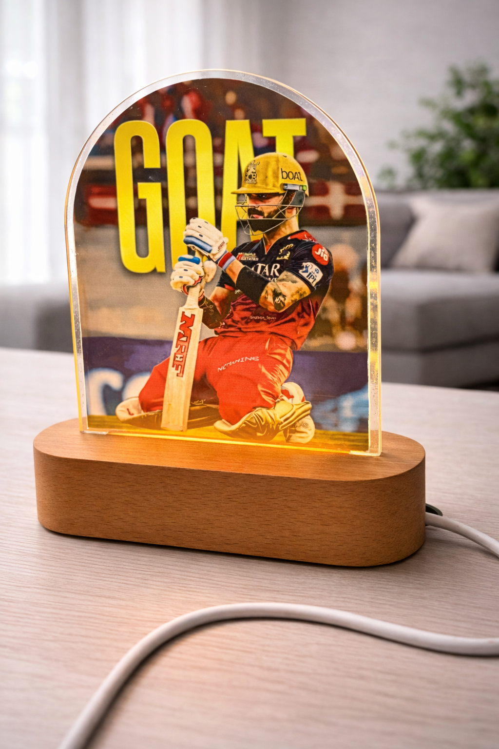 Virat Kohli Acrylic LED Night Lamp with Wooden Base | 8 Inch UV Printed Decorative Light | USB Powered Table Lamp | Modern Desk & Gift Item