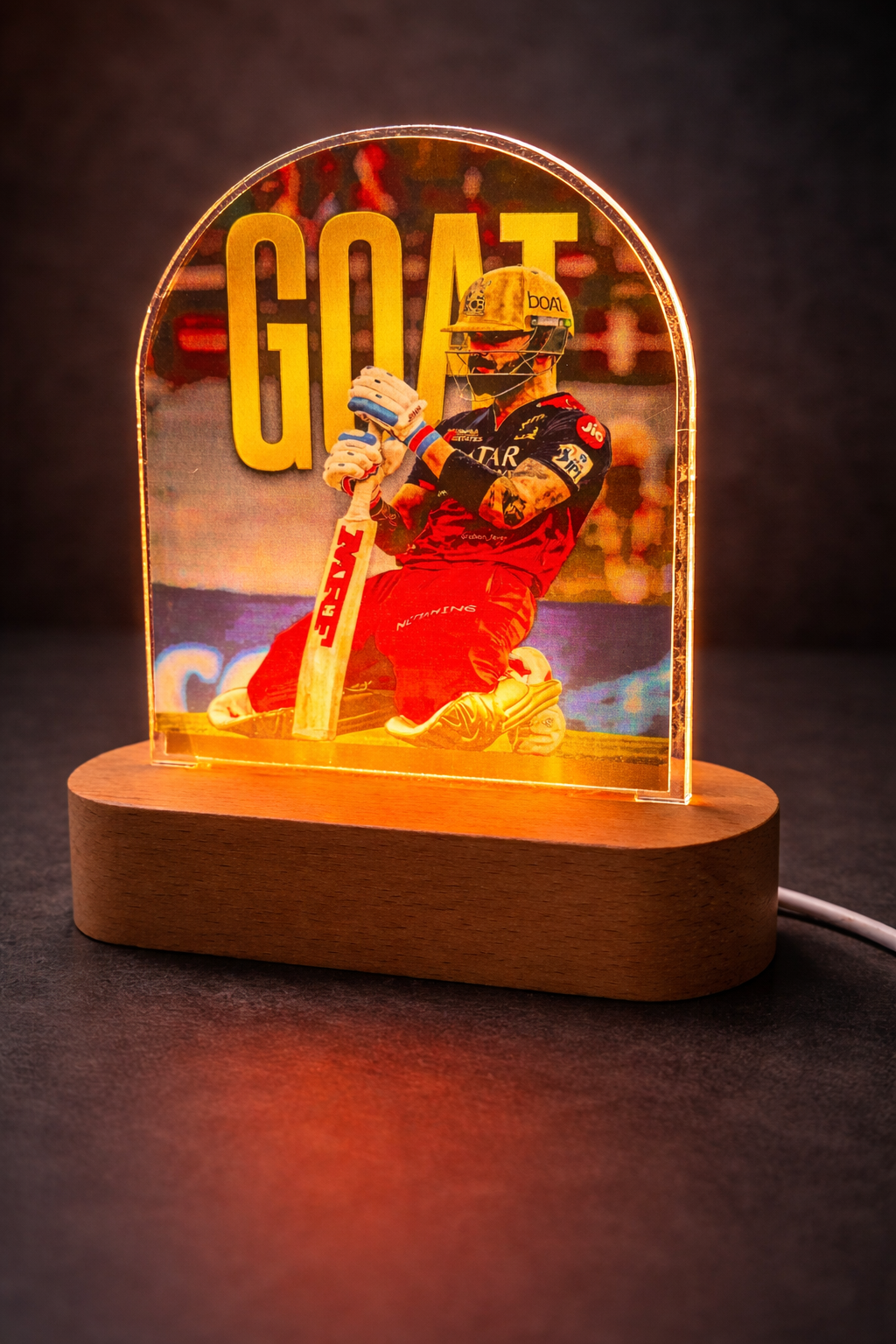 Virat Kohli Acrylic LED Night Lamp with Wooden Base | 8 Inch UV Printed Decorative Light | USB Powered Table Lamp | Modern Desk & Gift Item