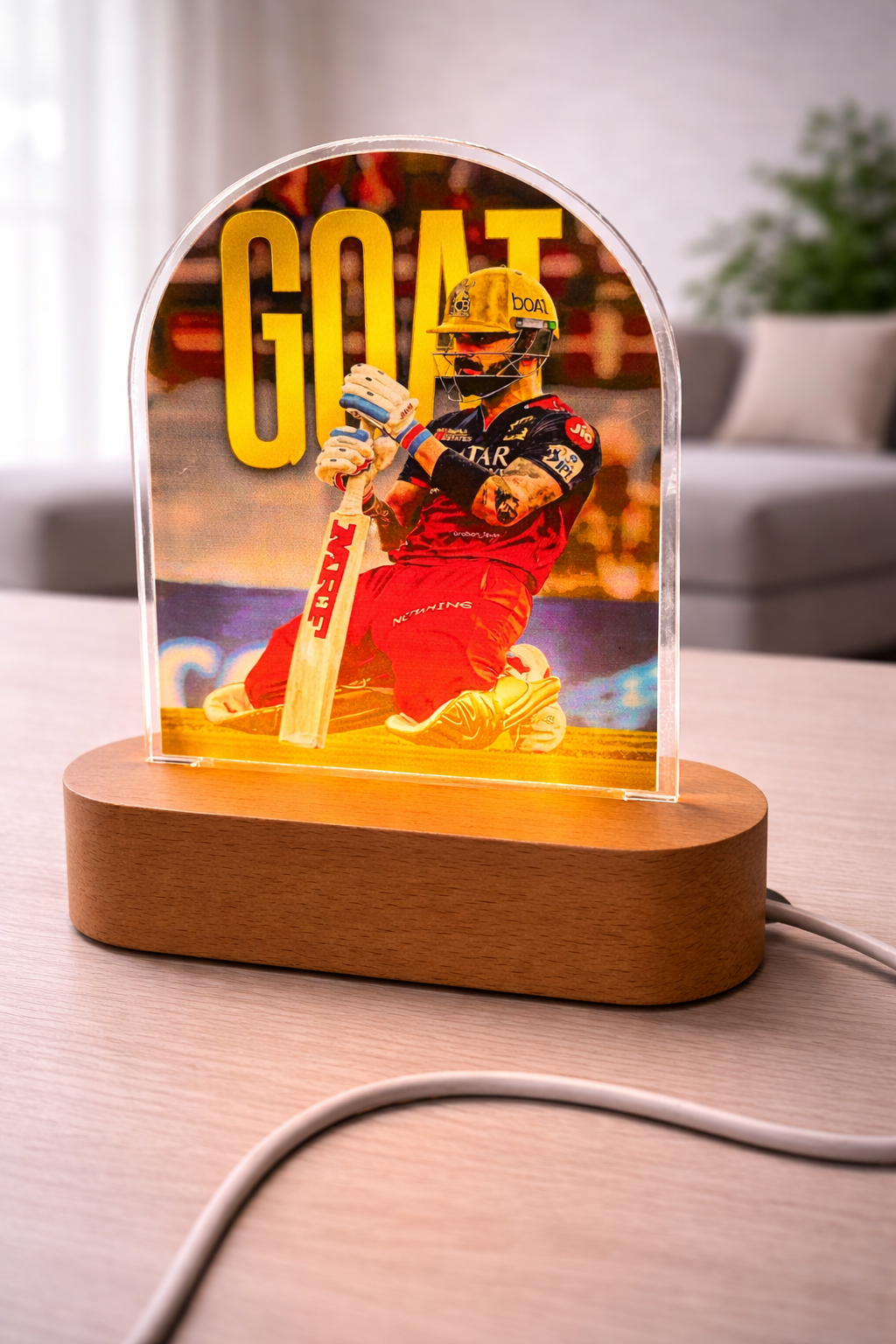 Virat Kohli Acrylic LED Night Lamp with Wooden Base | 8 Inch UV Printed Decorative Light | USB Powered Table Lamp | Modern Desk & Gift Item