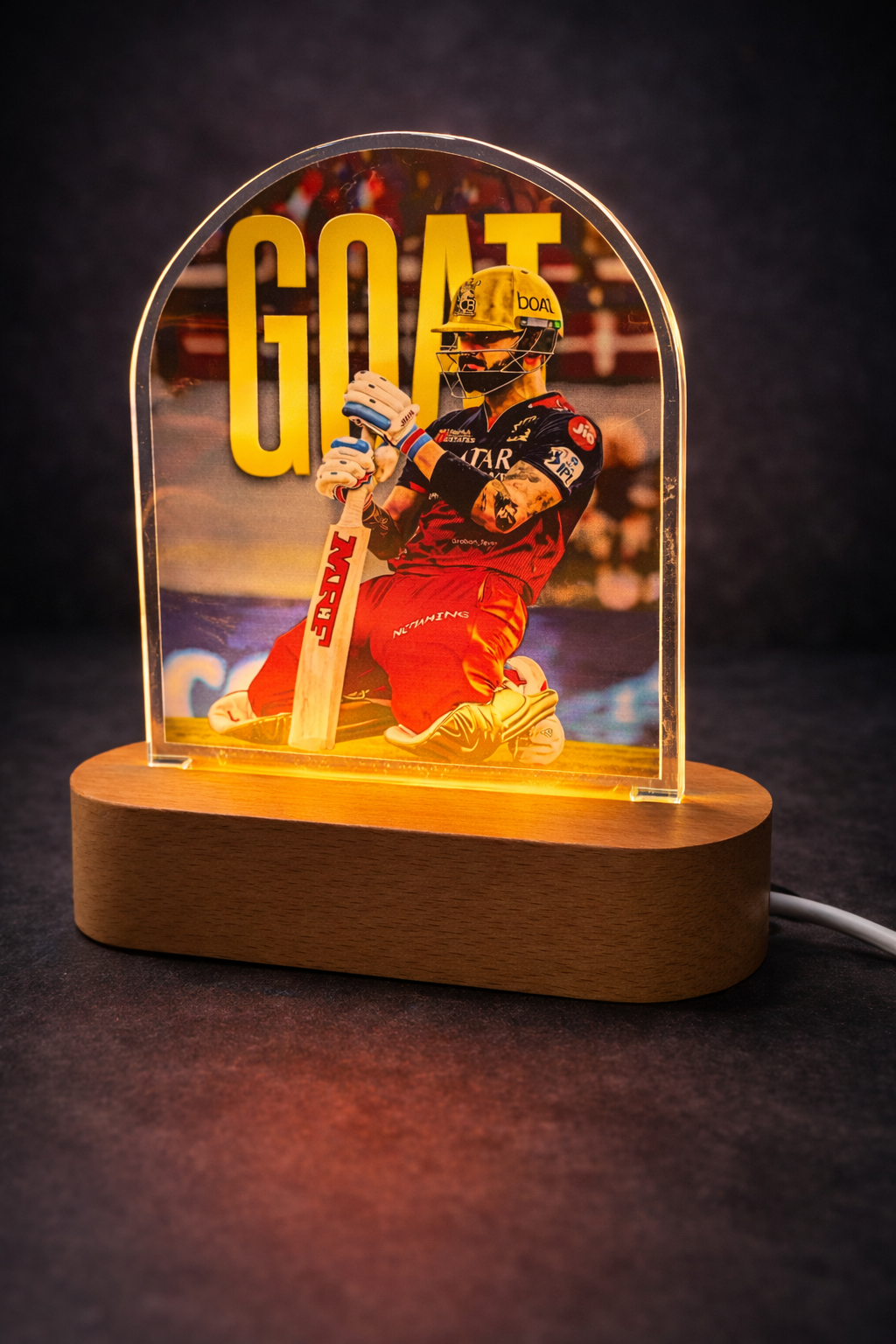 Virat Kohli Acrylic LED Night Lamp with Wooden Base | 8 Inch UV Printed Decorative Light | USB Powered Table Lamp | Modern Desk & Gift Item