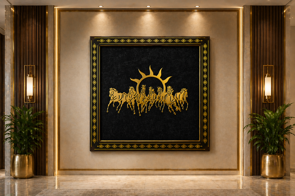 7 Running Horses Gold Foil Wall Frame 8x8 Inch