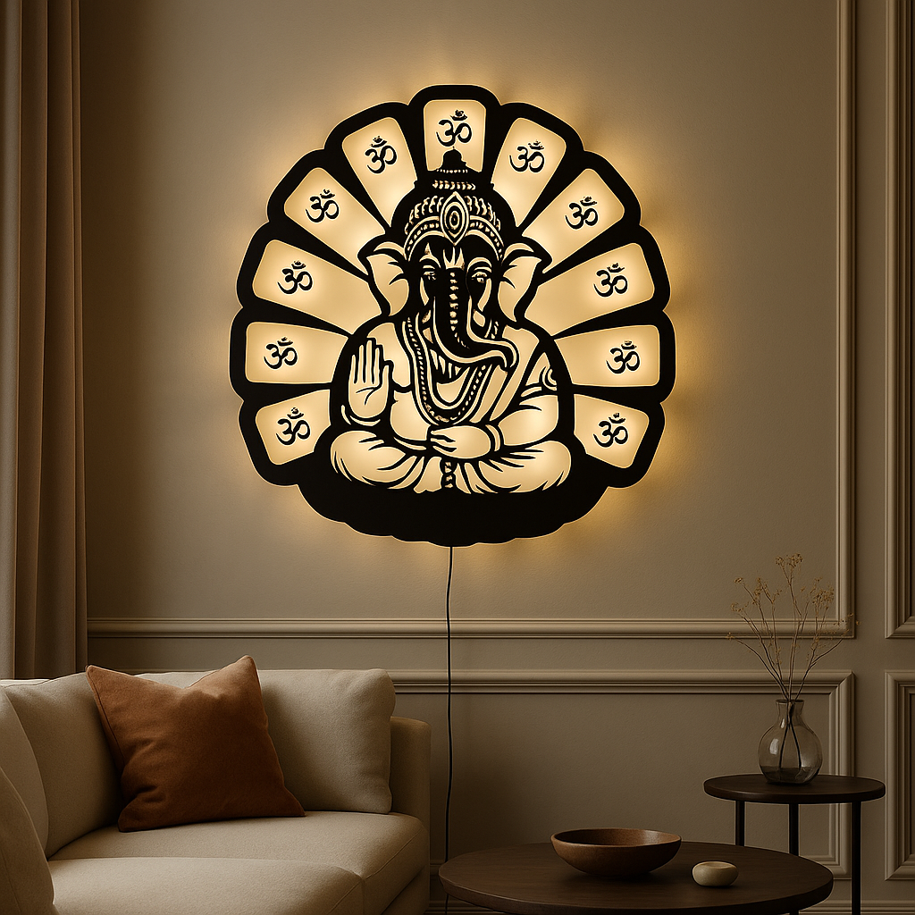 Lord Ganesha LED Wall Light 18x18 Inch | Om Design Backlit Wall Decor