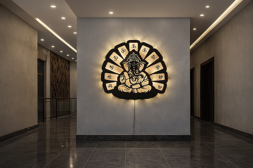 Lord Ganesha LED Wall Light 18x18 Inch | Om Design Backlit Wall Decor