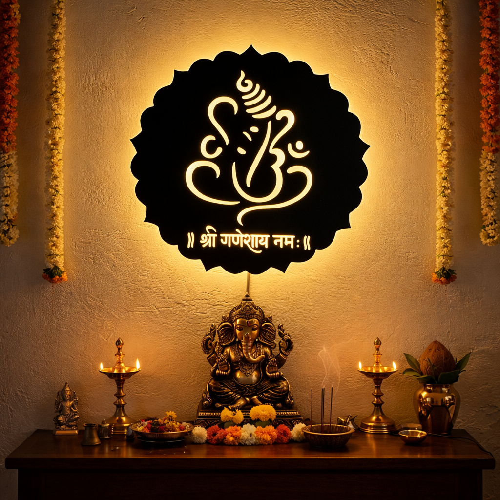 Shree Ganesh Wooden Acrylic LED Wall Light