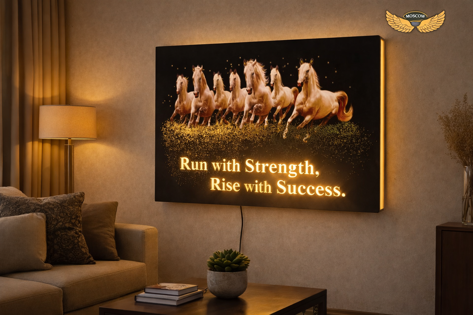 7 Running Horses LED Wall Frame 12x18 Inch Acrylic Premium Print with Warm Light