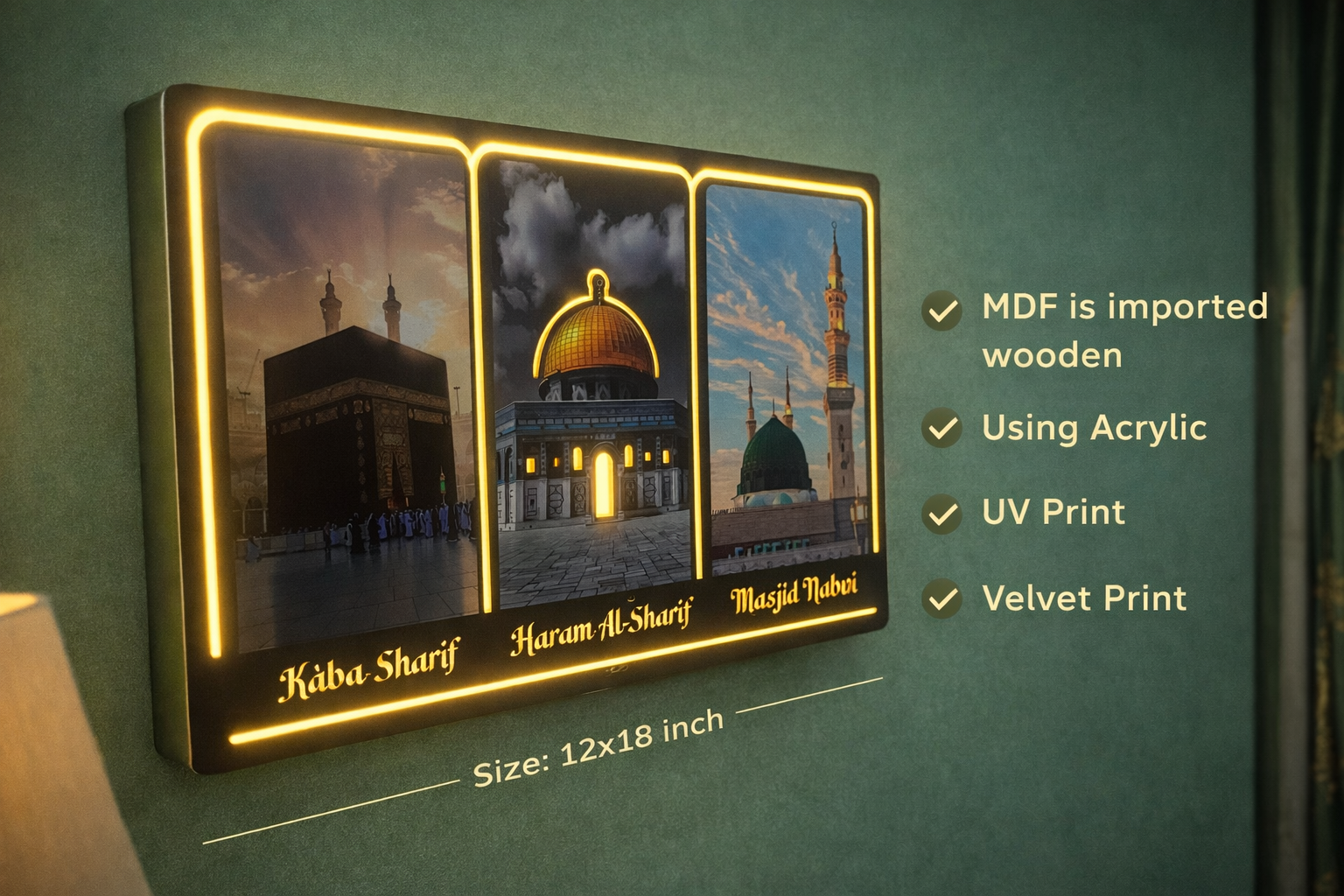 Islamic Wall Art LED Frame 12x18 Inch | Kaaba Sharif, Haram Al Sharif & Masjid Nabawi