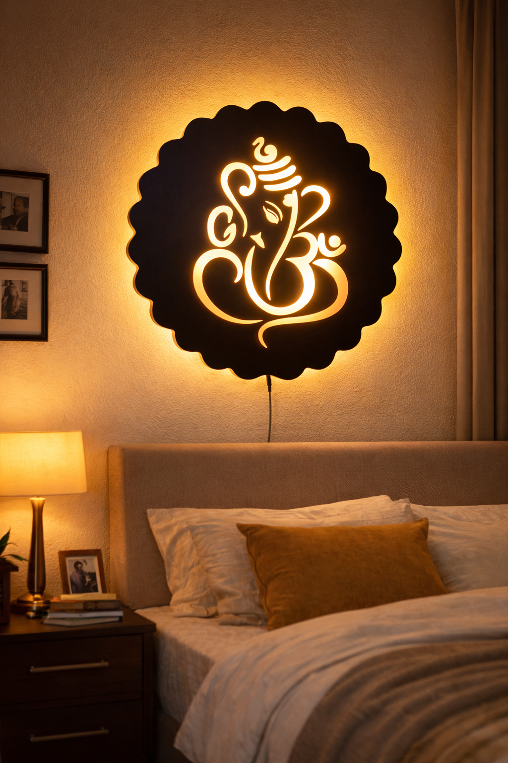 Modern Ganesh Wooden Acrylic LED Wall Light | Warm White Backlit