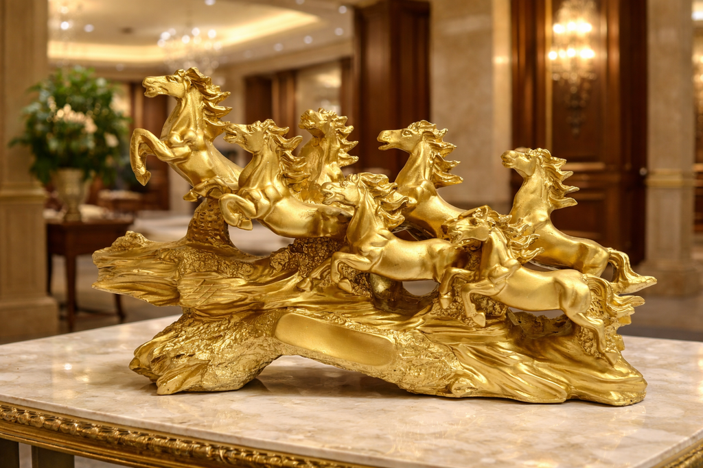 7 Running Horse Golden Statue | Premium Matte & Glossy Finish Decor | 19 Inch Luxury Showpiece | Vastu Feng Shui Horse Figurine for Home & Office