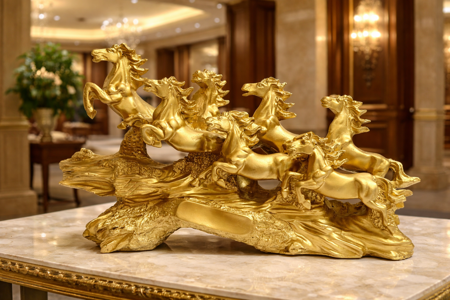 7 Running Horse Golden Statue | Premium Matte & Glossy Finish Decor | 19 Inch Luxury Showpiece | Vastu Feng Shui Horse Figurine for Home & Office