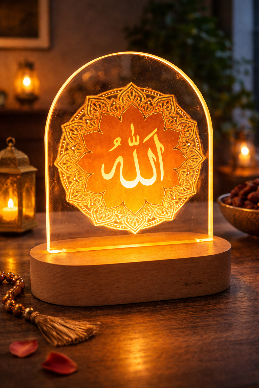 Allah Acrylic LED Night Lamp with Wooden Base | 8 Inch Warm White Decorative Light