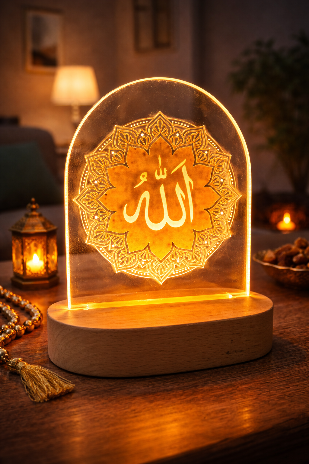 Allah Acrylic LED Night Lamp with Wooden Base | 8 Inch Warm White Decorative Light