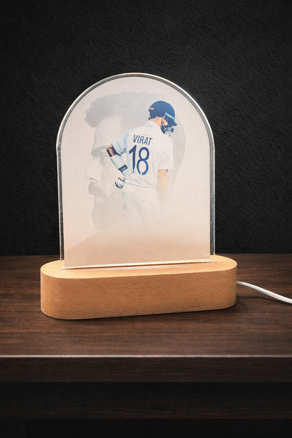 Premium UV Printed VIRAT KOHLI Acrylic LED Lamp with Wooden Base | 8 Inch Decorative Night Light | USB Powered Table Lamp | Modern Home Decor Gift