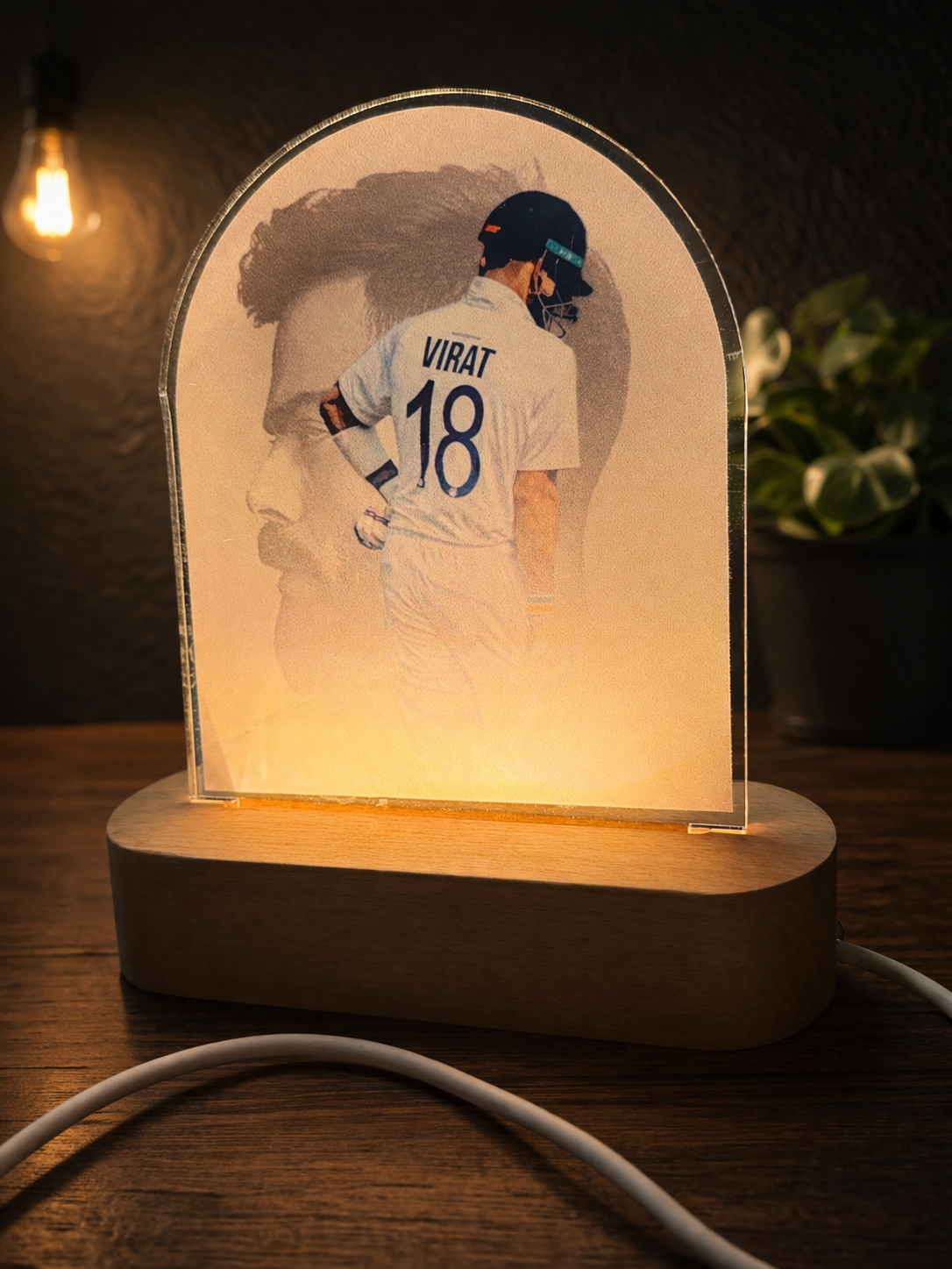 Premium UV Printed VIRAT KOHLI Acrylic LED Lamp with Wooden Base | 8 Inch Decorative Night Light | USB Powered Table Lamp | Modern Home Decor Gift