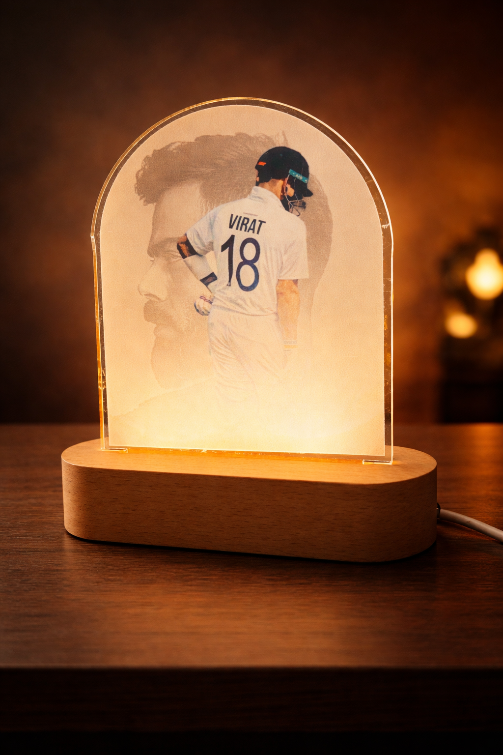 Premium UV Printed VIRAT KOHLI Acrylic LED Lamp with Wooden Base | 8 Inch Decorative Night Light | USB Powered Table Lamp | Modern Home Decor Gift