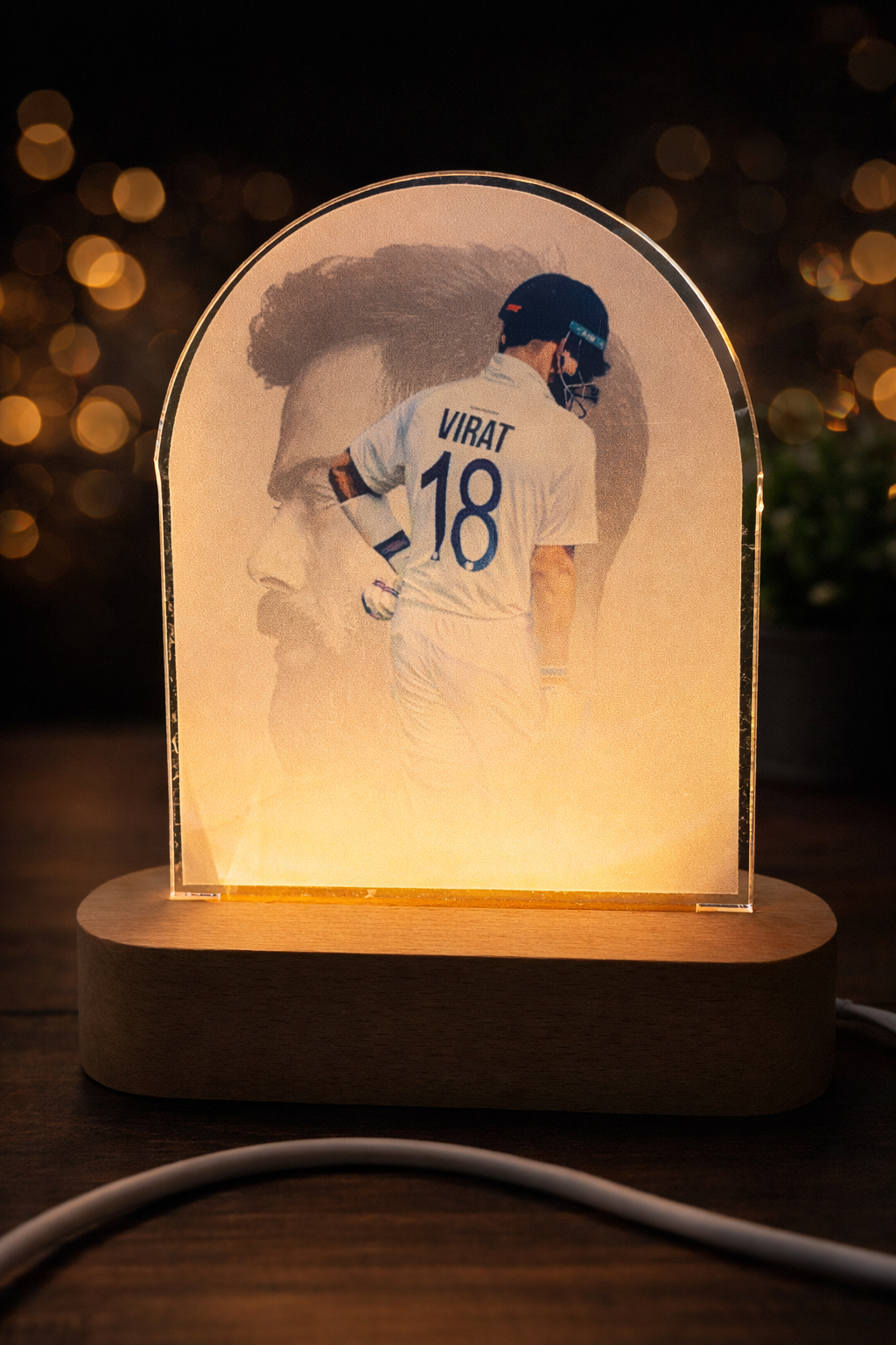Premium UV Printed VIRAT KOHLI Acrylic LED Lamp with Wooden Base | 8 Inch Decorative Night Light | USB Powered Table Lamp | Modern Home Decor Gift