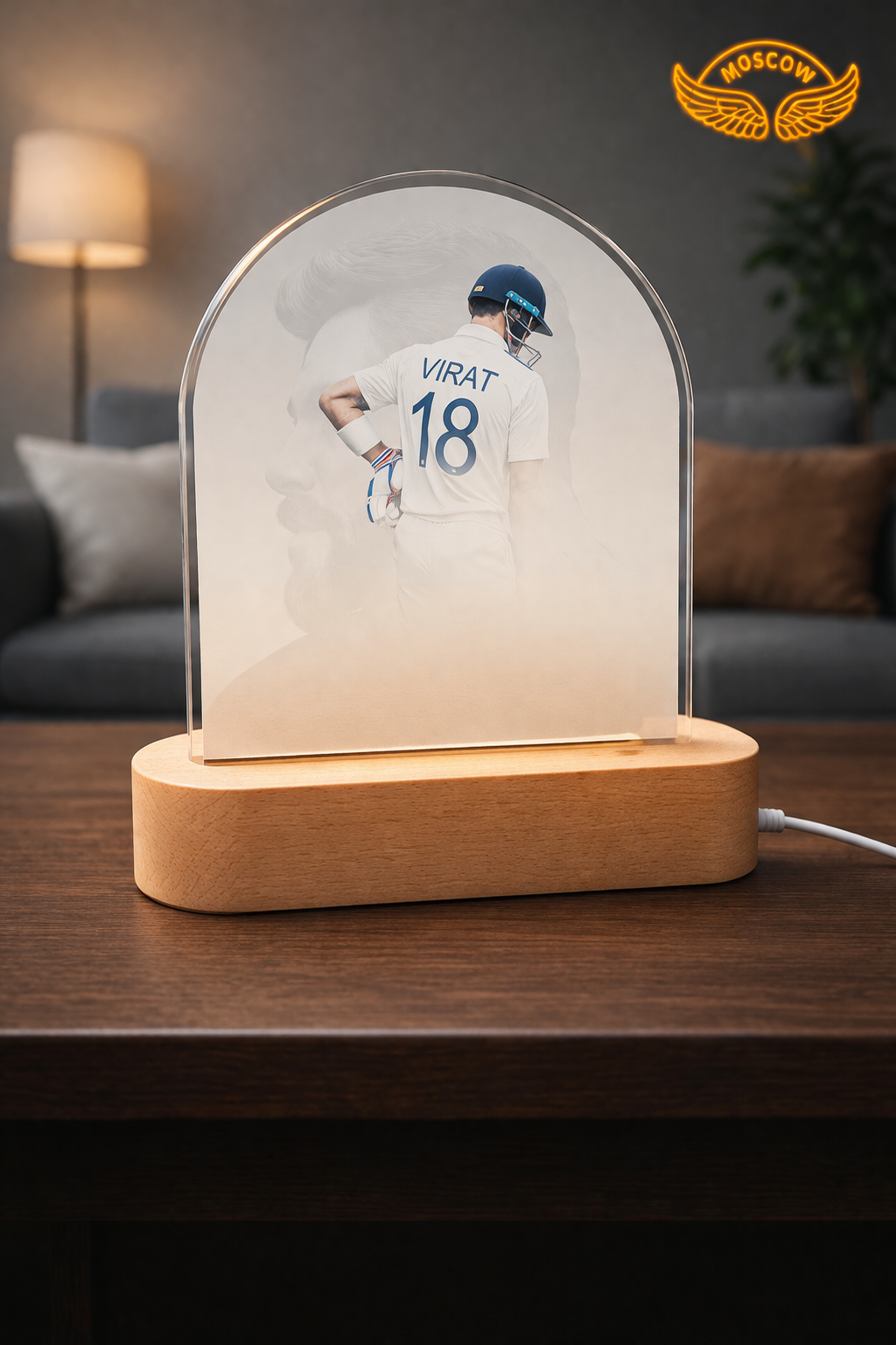 Premium UV Printed VIRAT KOHLI Acrylic LED Lamp with Wooden Base | 8 Inch Decorative Night Light | USB Powered Table Lamp | Modern Home Decor Gift