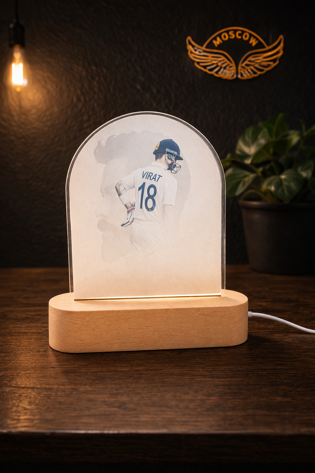 Premium UV Printed VIRAT KOHLI Acrylic LED Lamp with Wooden Base | 8 Inch Decorative Night Light | USB Powered Table Lamp | Modern Home Decor Gift