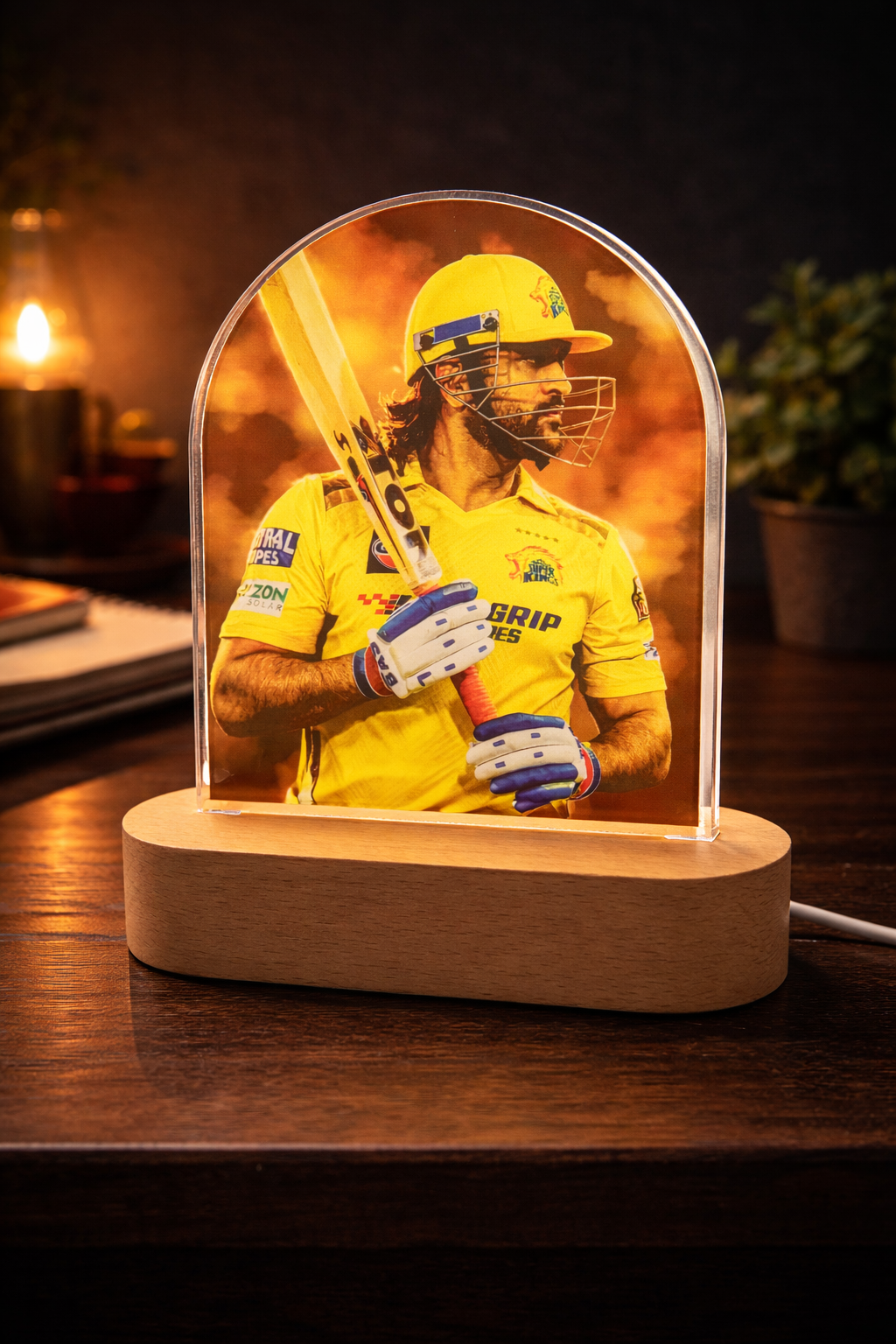 MS Dhoni Acrylic LED Lamp 8 Inch | Cricket Bat Pose Design