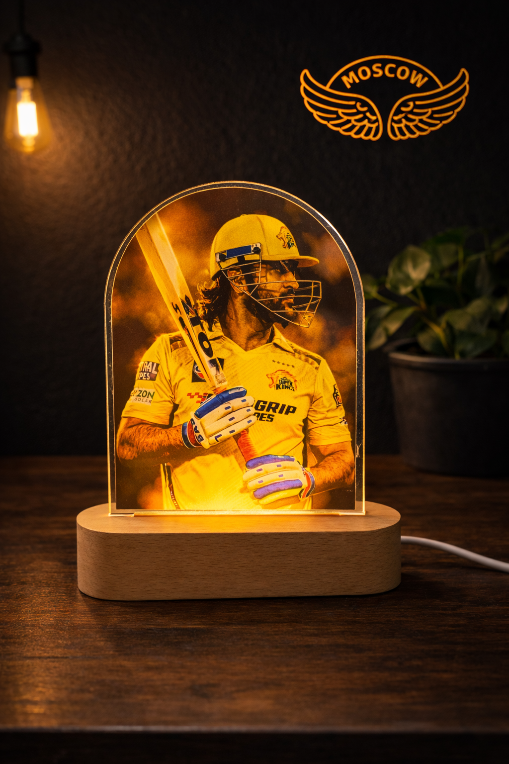 MS Dhoni Acrylic LED Lamp 8 Inch | Cricket Bat Pose Design