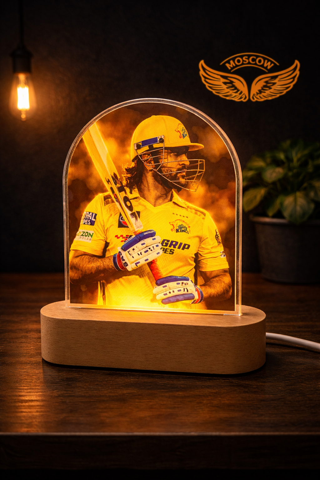 MS Dhoni Acrylic LED Lamp 8 Inch | Cricket Bat Pose Design