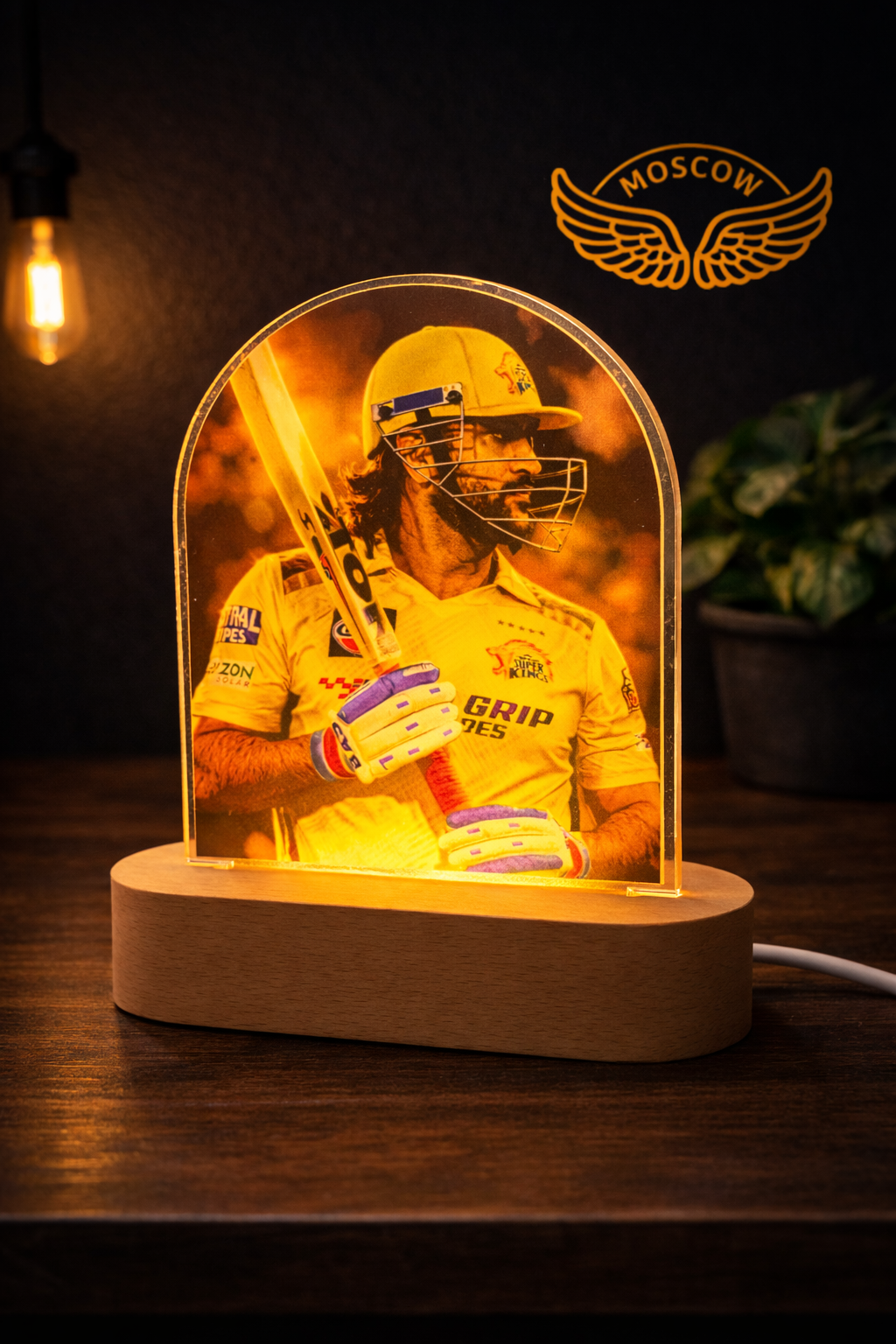 MS Dhoni Acrylic LED Lamp 8 Inch | Cricket Bat Pose Design