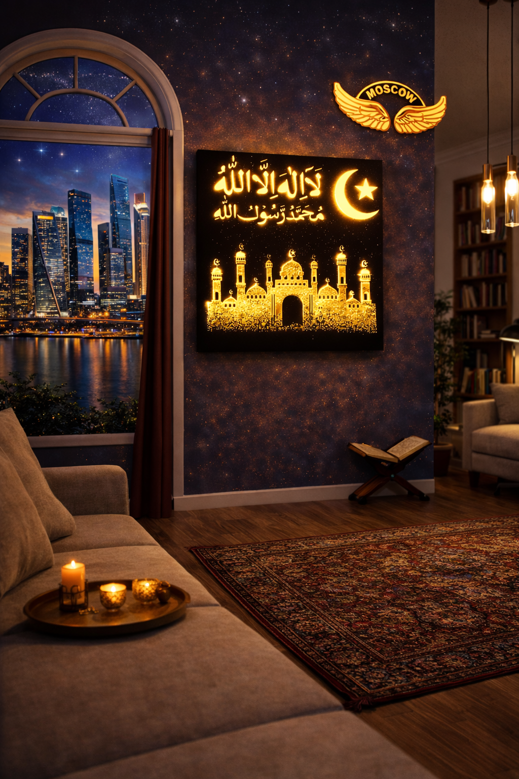 Islamic LED Wall Art 12x12 Inch | Jerusalem Mosque Design with Gold Foil Texture