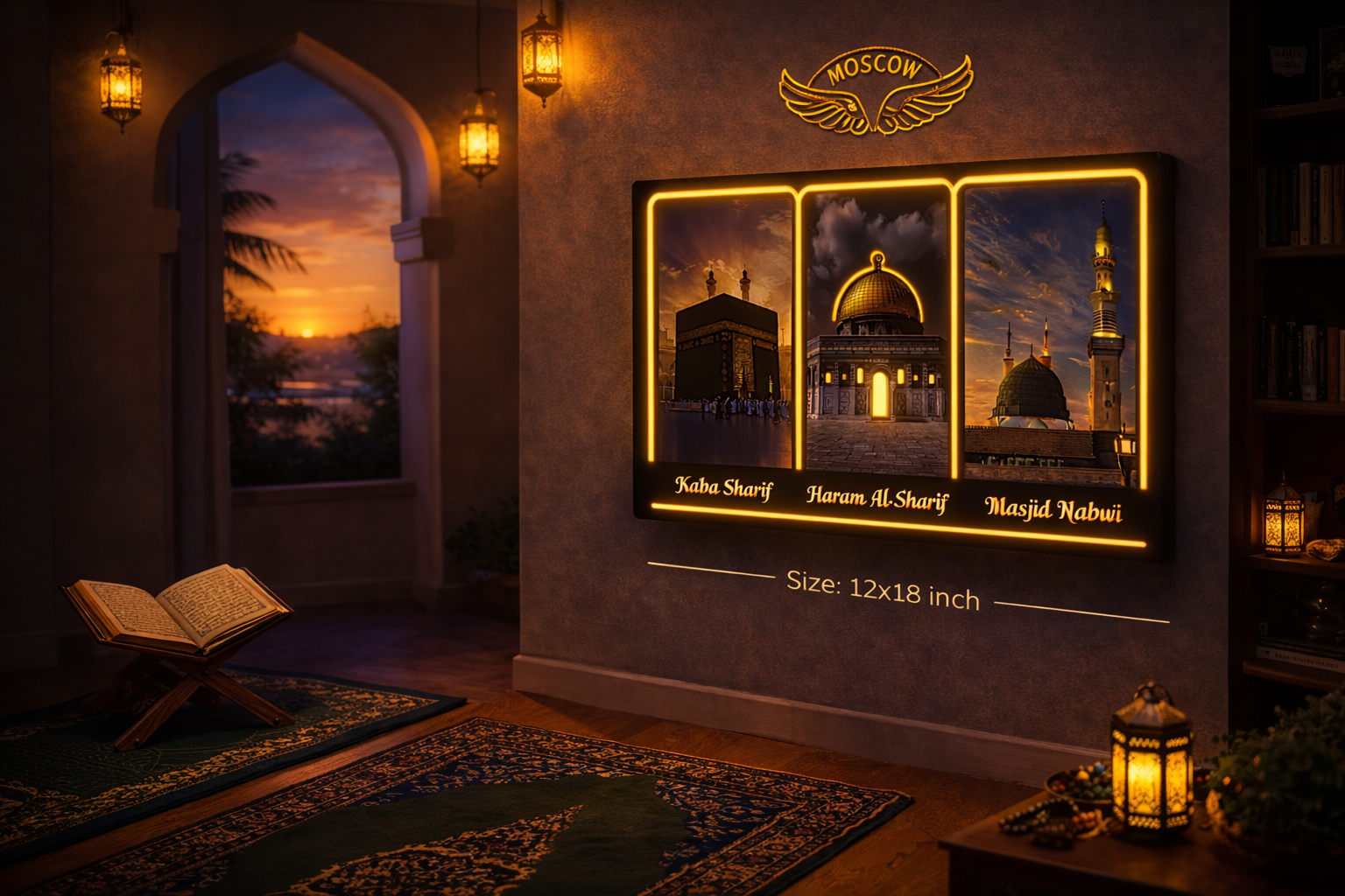 Islamic Wall Art LED Frame 12x18 Inch | Kaaba Sharif, Haram Al Sharif & Masjid Nabawi