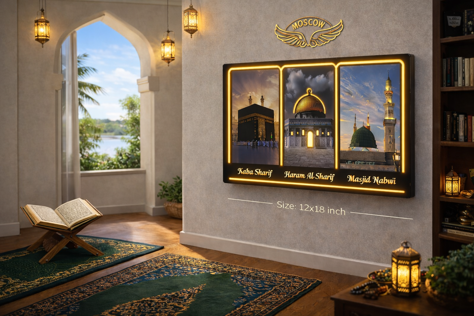 Islamic Wall Art LED Frame 12x18 Inch | Kaaba Sharif, Haram Al Sharif & Masjid Nabawi