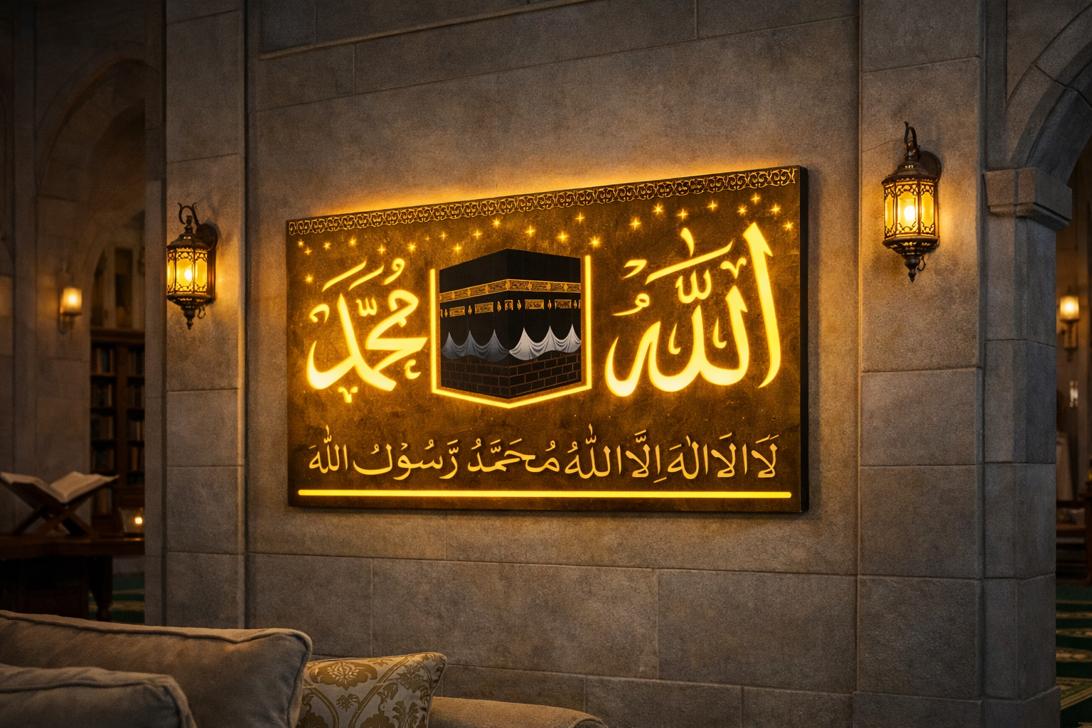 Islamic Gold Foil LED Wall Art Frame | Allah Muhammad Kaaba Design