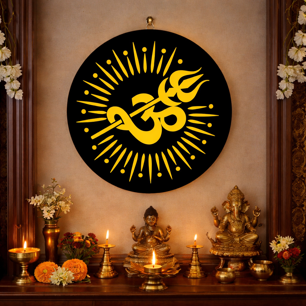 Om LED Wall Art with Trishul Design | MDF Wooden Backlit Wall Decor