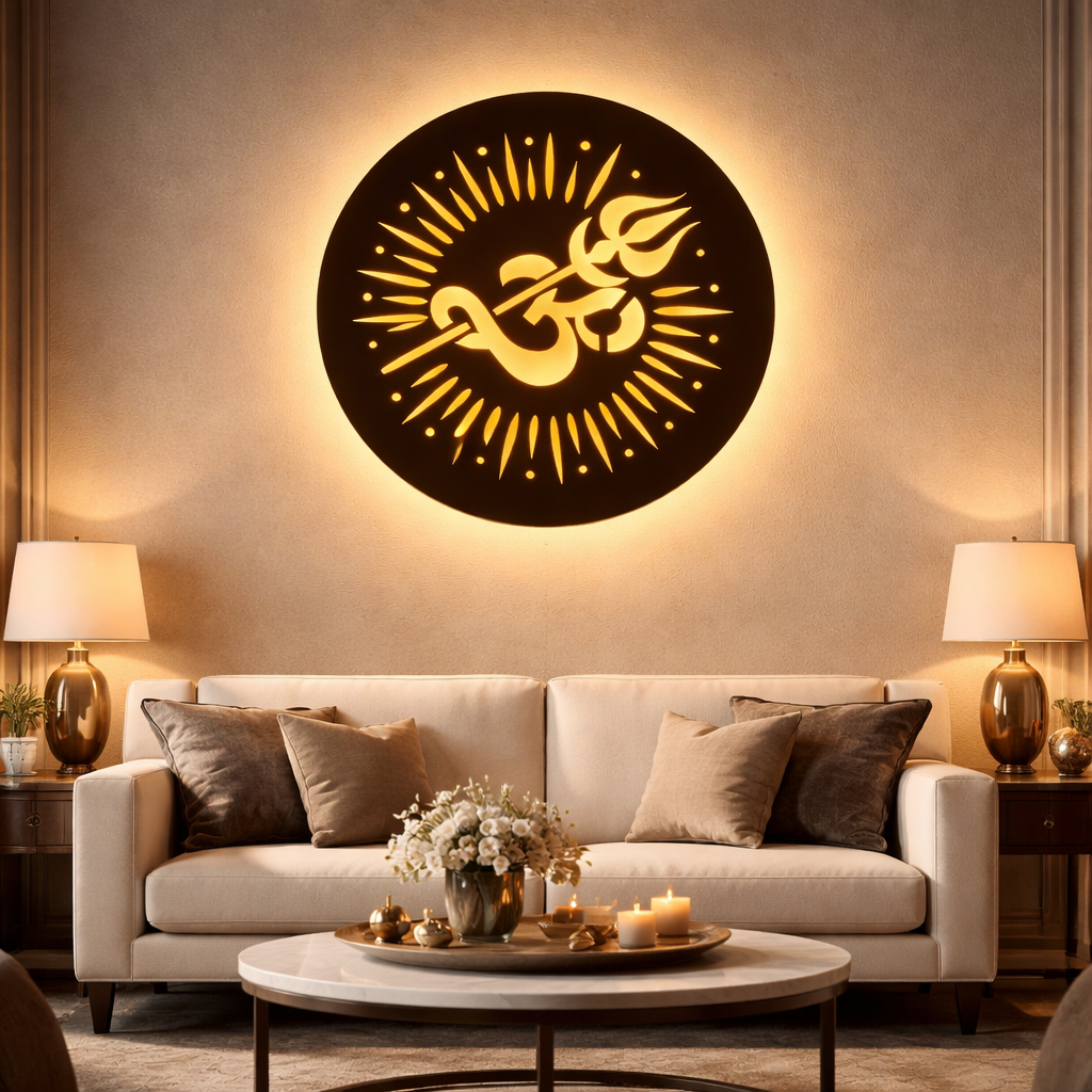 Om LED Wall Art with Trishul Design | MDF Wooden Backlit Wall Decor