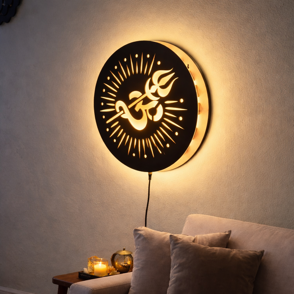 Om LED Wall Art with Trishul Design | MDF Wooden Backlit Wall Decor