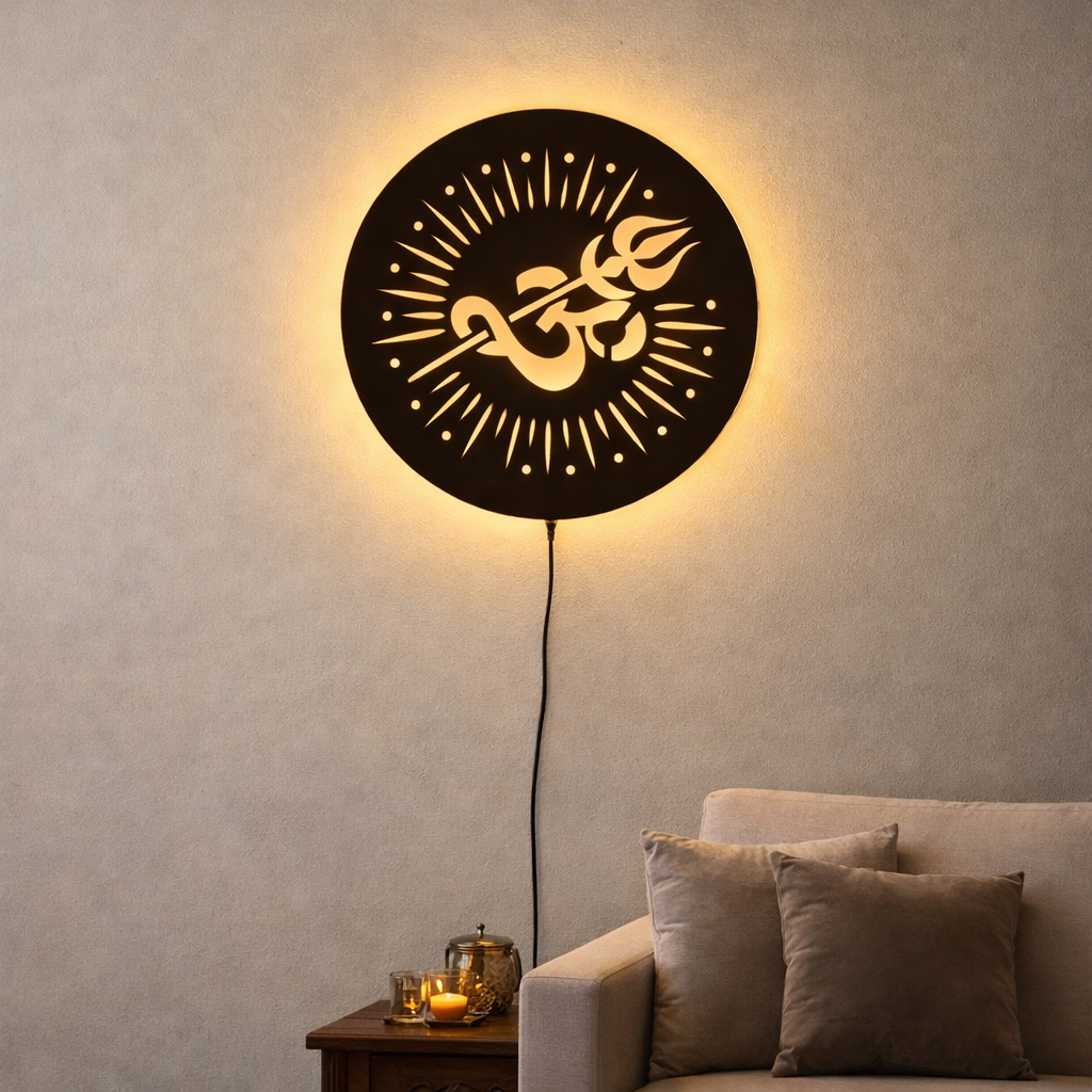 Om LED Wall Art with Trishul Design | MDF Wooden Backlit Wall Decor