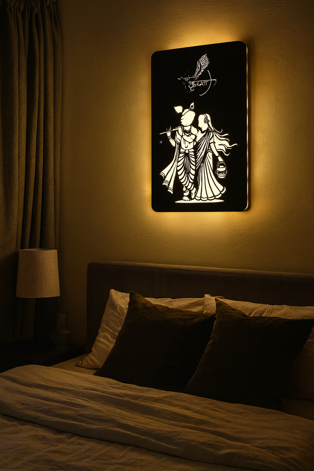 Radha Krishna LED Wall Art 12x18 Inch | MDF Wooden Backlit Wall Decor