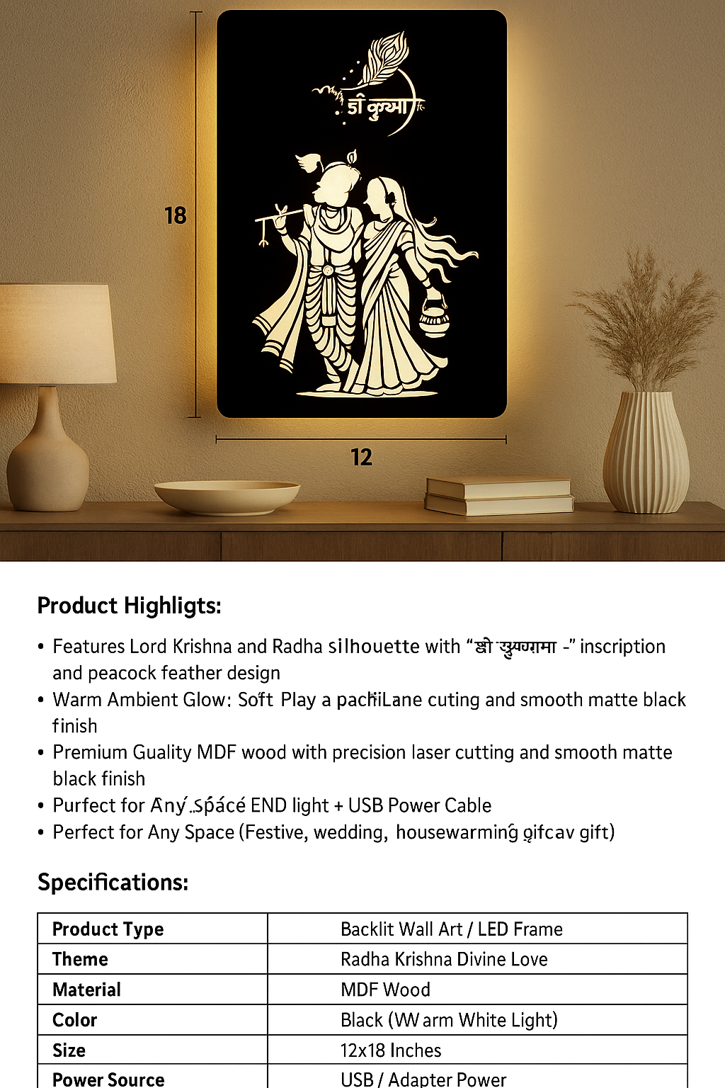 Radha Krishna LED Wall Art 12x18 Inch | MDF Wooden Backlit Wall Decor