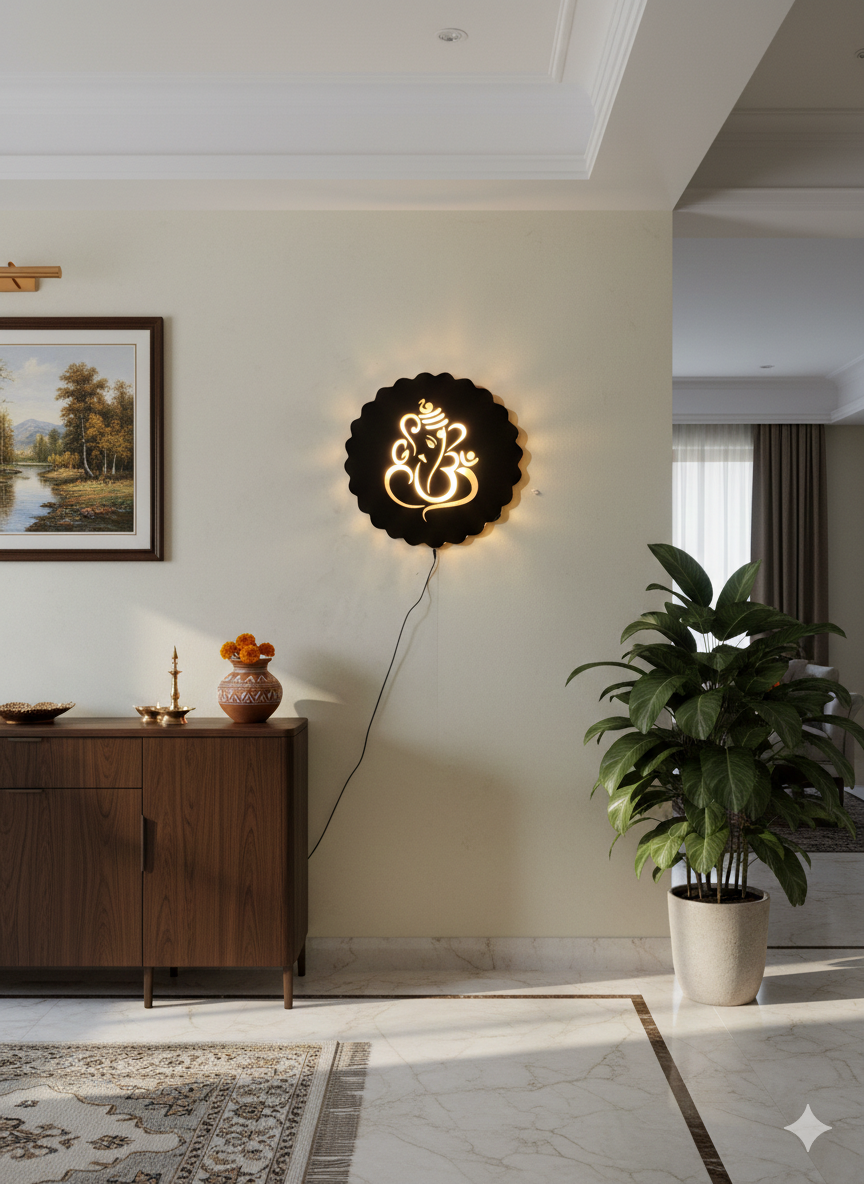 Modern Ganesh Wooden Acrylic LED Wall Light | Warm White Backlit