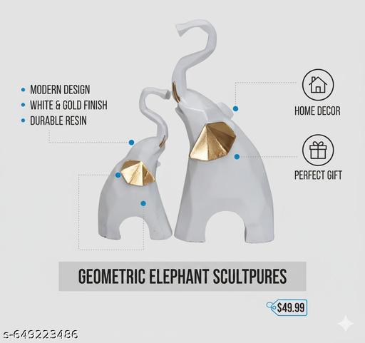 Decorative Elephant Showpiece Set of 2 Resin Statue White & Gold Finish