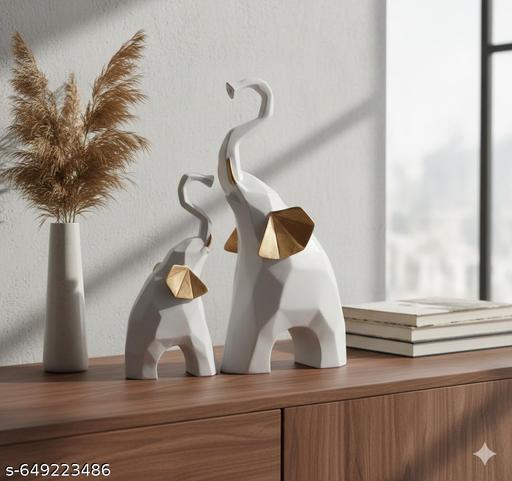 Decorative Elephant Showpiece Set of 2 Resin Statue White & Gold Finish